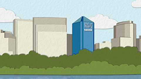 Ilustração de diversos prédios cinza, e um prédio azul com o logo da Nestlé. Embaixo, a palavra História.